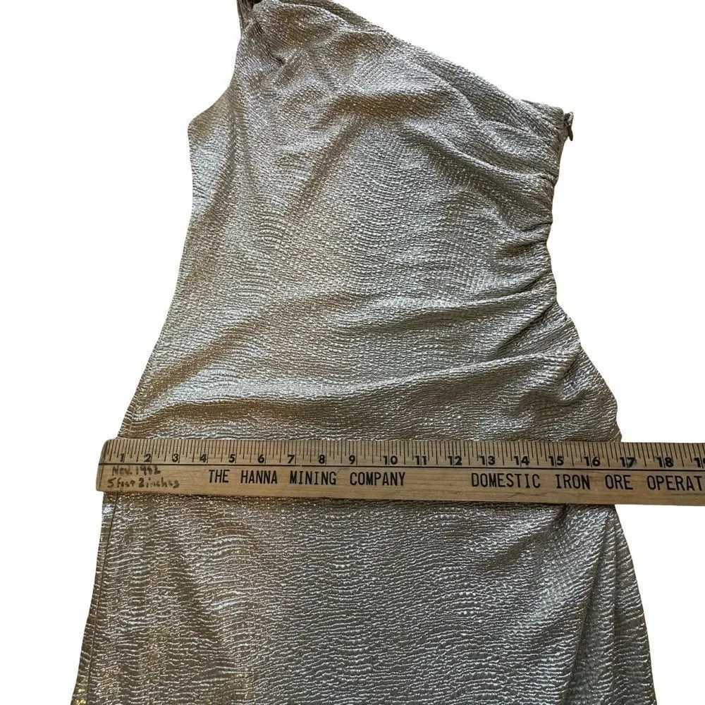 MAGGY LONDON One Shoulder Gold Champagne Shiny Stretch Mini Dress Size 8